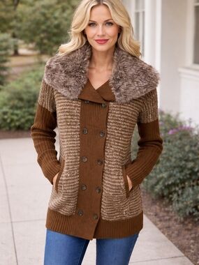 Women's Faux-Fur Collar Knit Cardigan Sweater - Brown